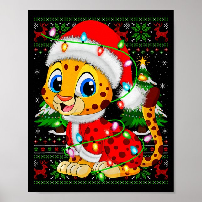 Cheetah Christmas Lights Santa Costume Ugly Xmas S Poster (Front)