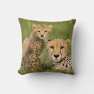 Cheetah Cub and Parent in Grass Cushion