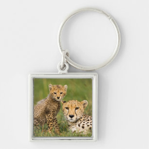 Cheetah Cub and Parent in Grass Key Ring