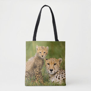 Cheetah Cub and Parent in Grass Tote Bag