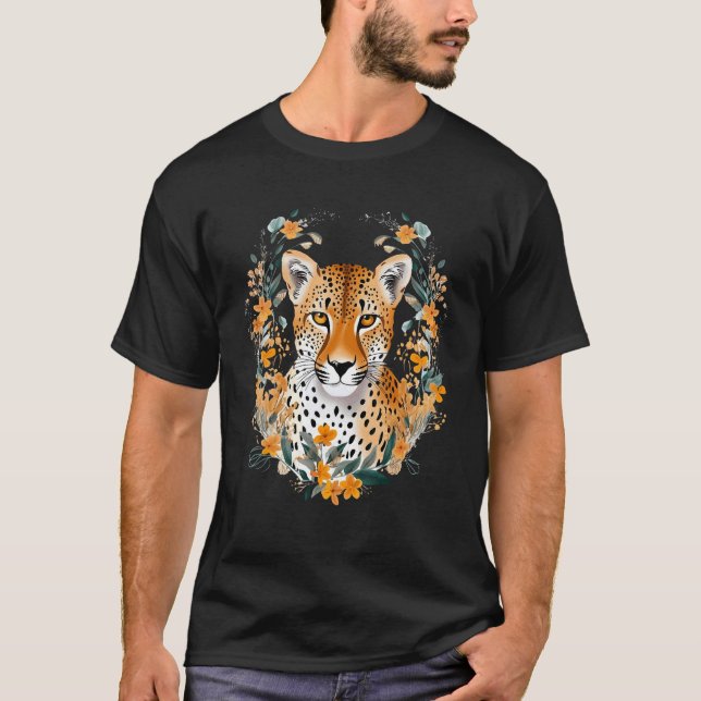 Cheetah Face Animal Print Big Cat Wildlife Flowers T-Shirt (Front)