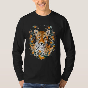 Cheetah Face Animal Print Big Cat Wildlife Flowers T-Shirt