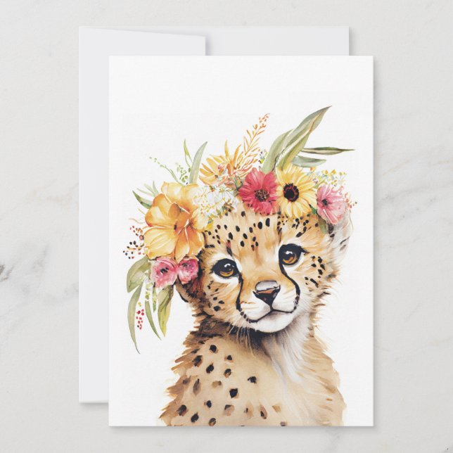 Cheetah Flower Crown Art Watercolor Safari Floral Invitation (Front)