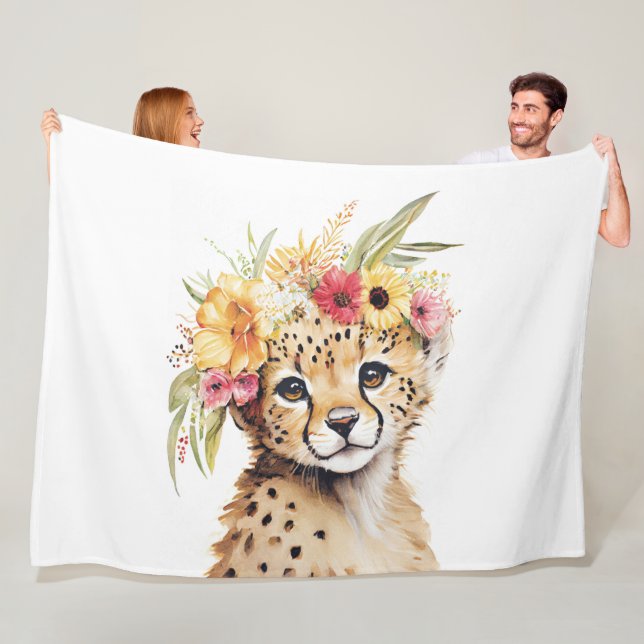 Cheetah Flower Crown Art Watercolor Safari Wild  Fleece Blanket (In Situ)