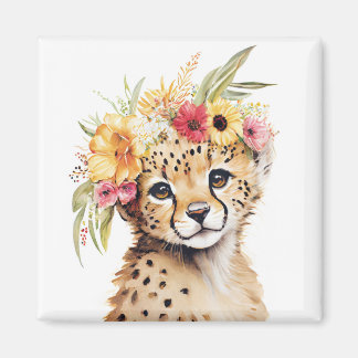 Cheetah Flower Crown Art Watercolor Safari Wild  Magnet