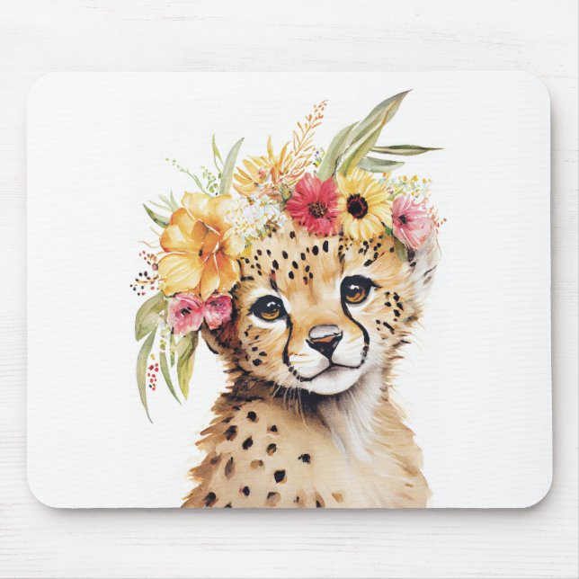 Cheetah Flower Crown Art Watercolor Safari Wild  Mouse Pad (Front)