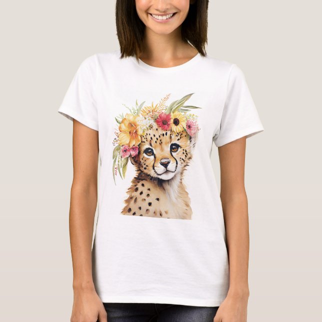 Cheetah Flower Crown Art Watercolor Safari Wild  T-Shirt (Front)