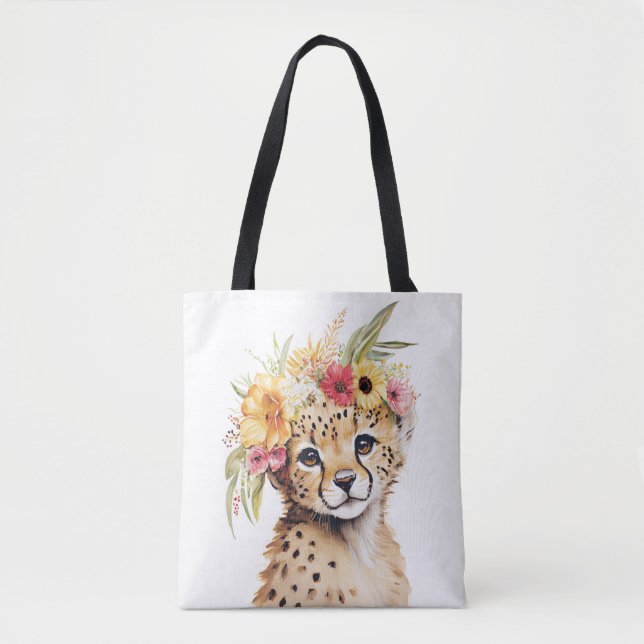 Cheetah Flower Crown Art Watercolor Safari Wild  Tote Bag (Front)