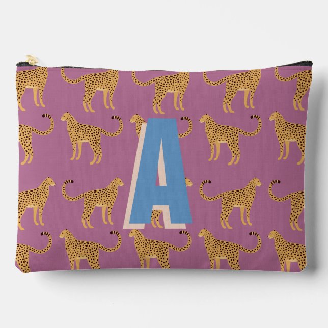 Cheetah, leopard pink monogrammed accessory pouch (Front)