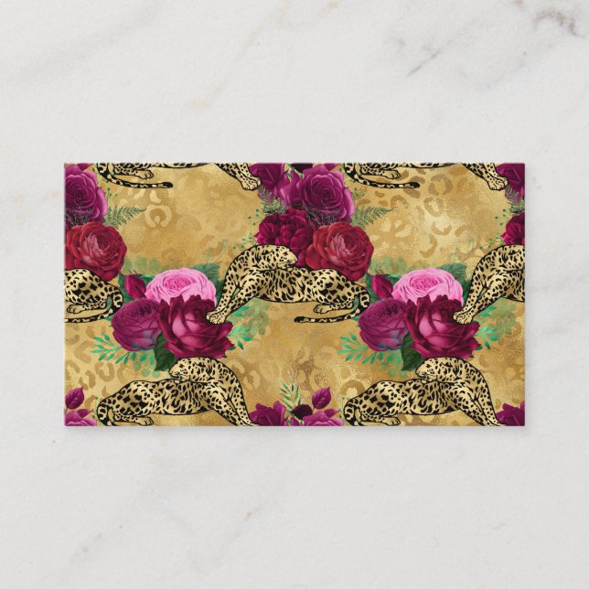 Cheetah Leopard Red Rose Floral Flower Pattern Business Card (Front)