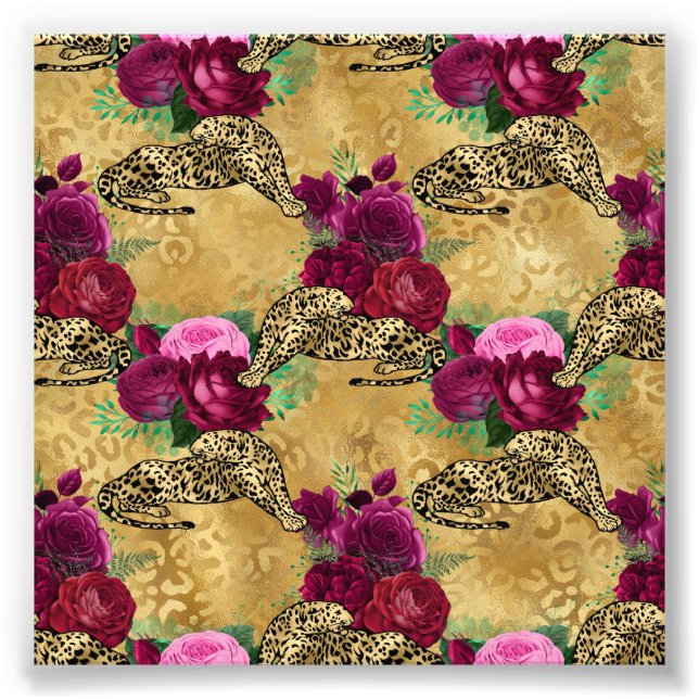 Cheetah Leopard Red Rose Floral Flower Pattern Photo Print (Front)