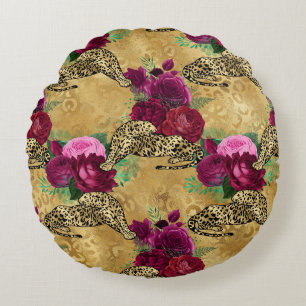 Cheetah Leopard Red Rose Floral Flower Pattern Round Cushion