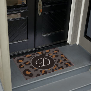 Cheetah Leopard Spotted Animal Print Grey Initial Doormat