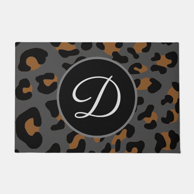 Cheetah Leopard Spotted Animal Print Grey Initial Doormat (Front)