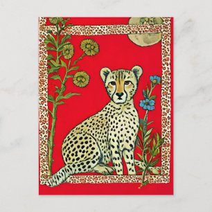 Cheetah on a Red Background With Flowers Postcard