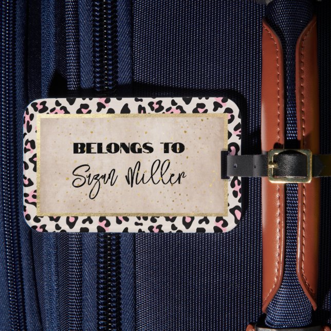 Cheetah Pattern And Gold Vintage Luggage Tag (Front Insitu 4)