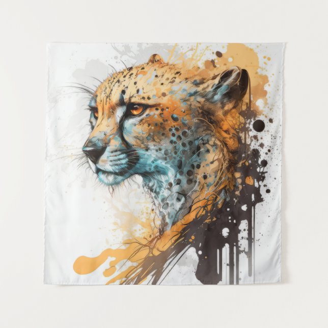Cheetah Portrait Animal Painting Wildlife Outdoor Tapestry (Front)