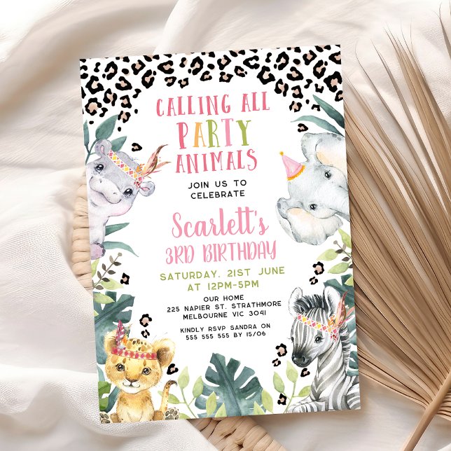 Cheetah Print Calling All Party Animals Birthday Invitation (Safari Themed Calling All Party Animals Birthday Invitation Girl, Safari Birthday Party Invite,)