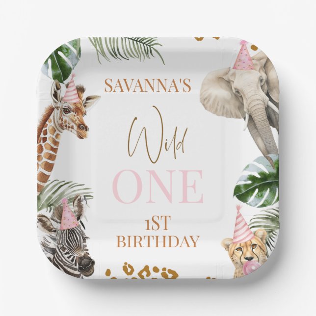 Cheetah Print Girls Safari Wild One 1st Birthday Paper Plate (Front)