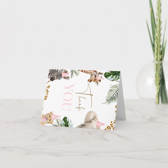 Cheetah Print Girls Safari Wild One 1st Birthday Thank You Card (Front)