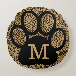 Cheetah Print Monogrammed Cat Paw Print Round Cushion