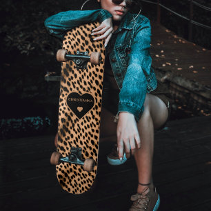 Cheetah Print Pattern Tan Brown & Black Heart Skateboard