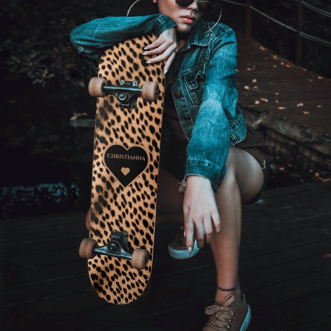 Cheetah Print Pattern Tan Brown & Black Heart Skateboard (Cheetah Print Pattern Tan Brown & Black Heart Skateboard)