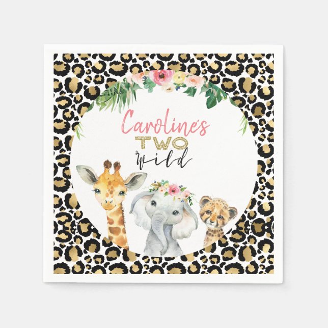 Cheetah Print Safari Glitter Two Wild Birthday Napkin (Front)