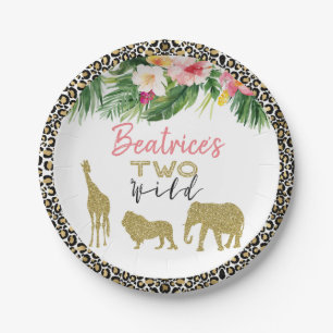 Cheetah Print Safari Glitter Two Wild Birthday Paper Plate
