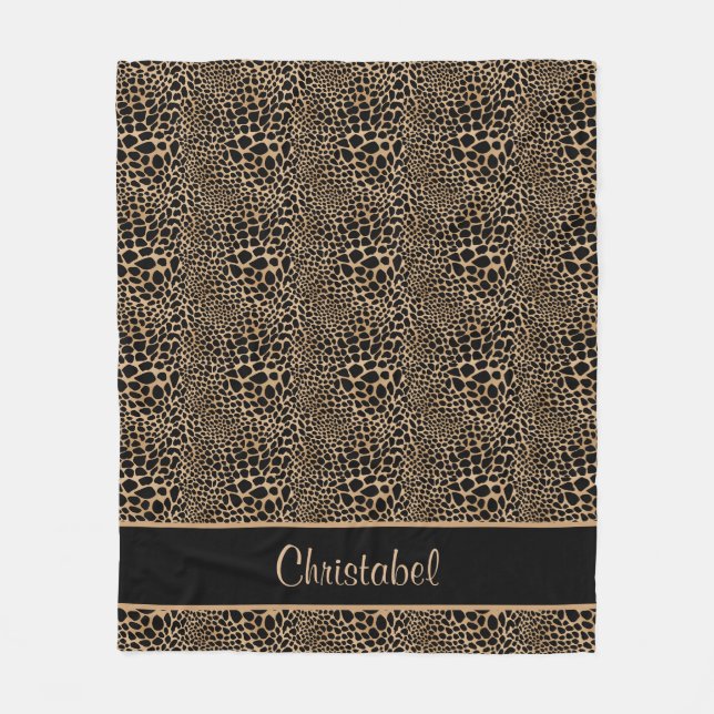 Cheetah Print Spots Black & Tan Custom Name Fleece Blanket (Front)