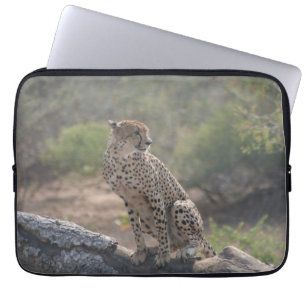 Cheetah sitting on a fallen tree in the wild  laptop sleeve