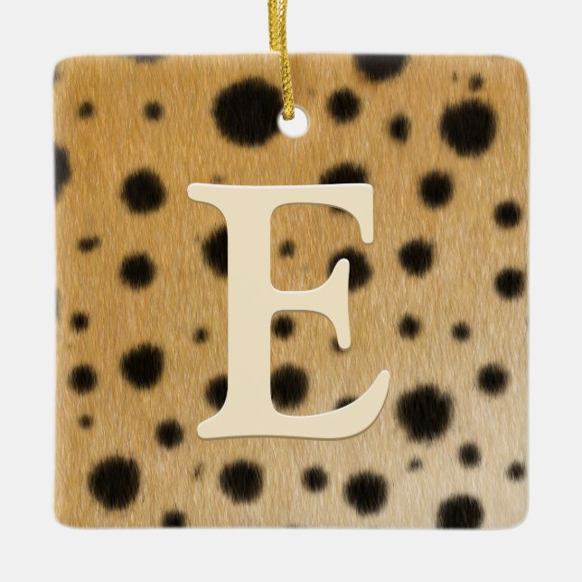 Cheetah Spots Fur Ivory Monogram & Custom Message Ceramic Ornament (Front)