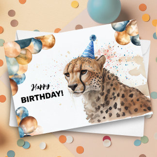 Cheetah with Balloons and Party Hat Happy Birthday Card