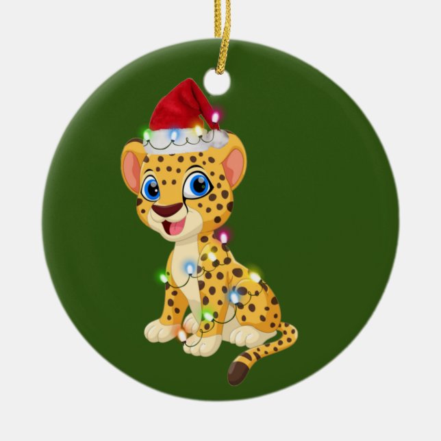 Cheetah With Hat Lights Christmas Ceramic Tree Decoration (Front)