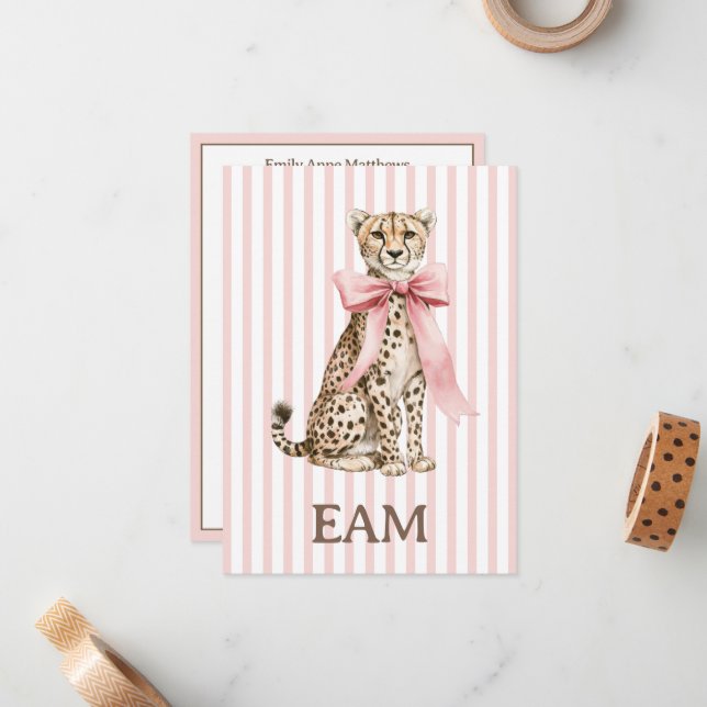 Cheetah With Pink Bow and Stripes Monogram Card (Front/Back In Situ)