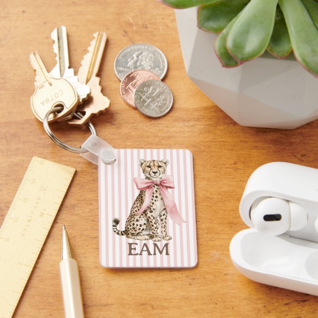 Cheetah With Pink Bow and Stripes Monogram Key Ring (Desk)