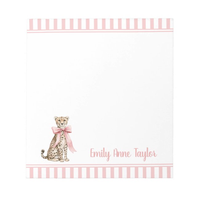 Cheetah With Pink Bow and Stripes Notepad (Front)