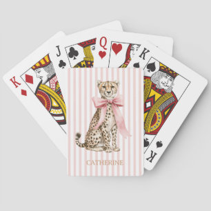 Cheetah With Pink Bow and Stripes Playing Cards