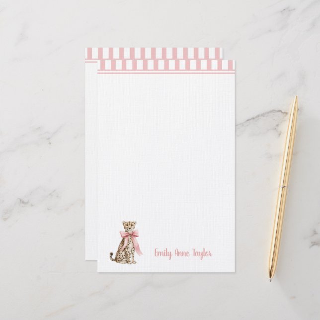 Cheetah With Pink Bow and Stripes Stationery (Front/Back In Situ)