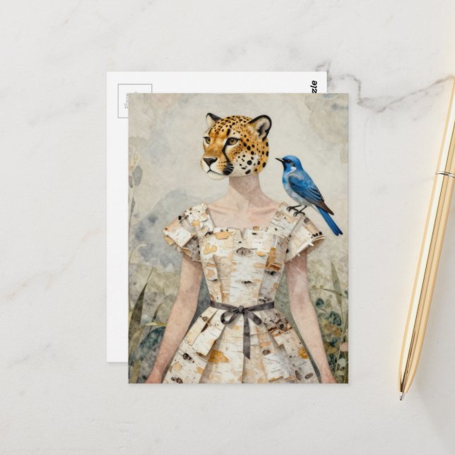 Cheetah Woman in a Birch Bark Dress Fashion  Postcard (Front/Back In Situ)