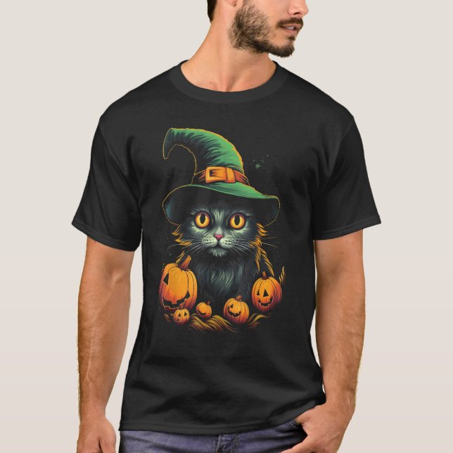 Cheetoh Cat in Witch Hat with Pumpkins Funny Graph T-Shirt (Front)