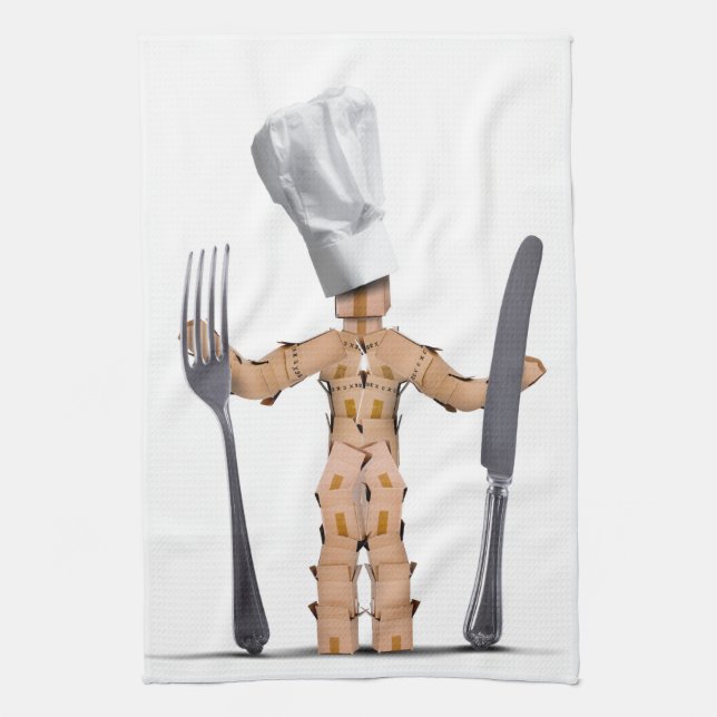 Chef box man character with cutlery tea towel (Vertical)
