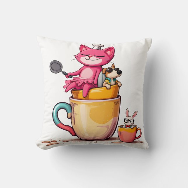 Chef Cat Coffee Break Throw Pillow (Front)