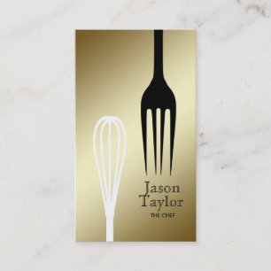 Chef Catering Restaurant Bake Fork Whisk Gold Business Card