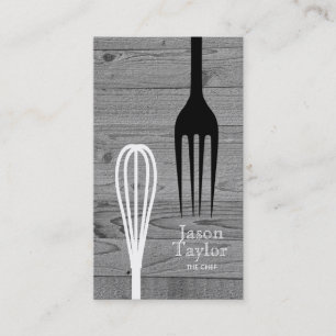 Chef Catering Restaurant Bake Fork Whisk Gray Wood Business Card