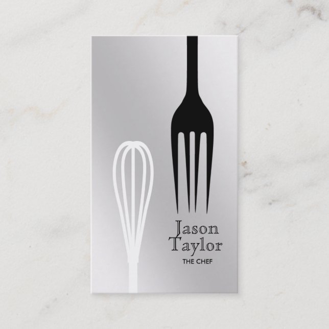 Chef Catering Restaurant Bake Fork Whisk Grey Business Card (Front)