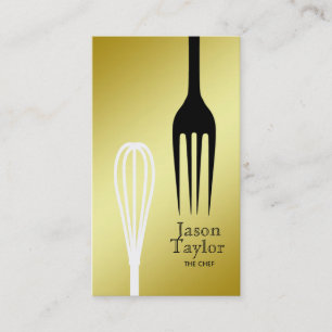 Chef Catering Restaurant Bakery Fork Whisk Gold Business Card