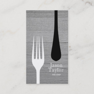 Chef Catering Restaurant Food Fork Logo Grey Wood Business Card