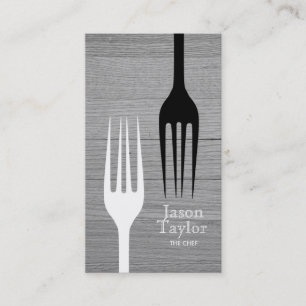 Chef Catering Restaurant Food Fork Logo Grey Wood Business Card