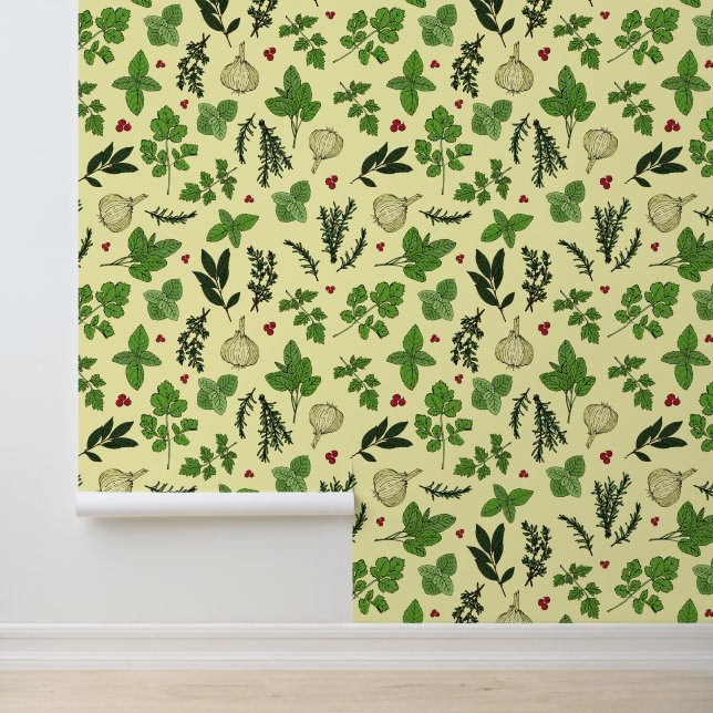 Chef Culinary Herbs Patterned Kitchen Wallpaper (Application)